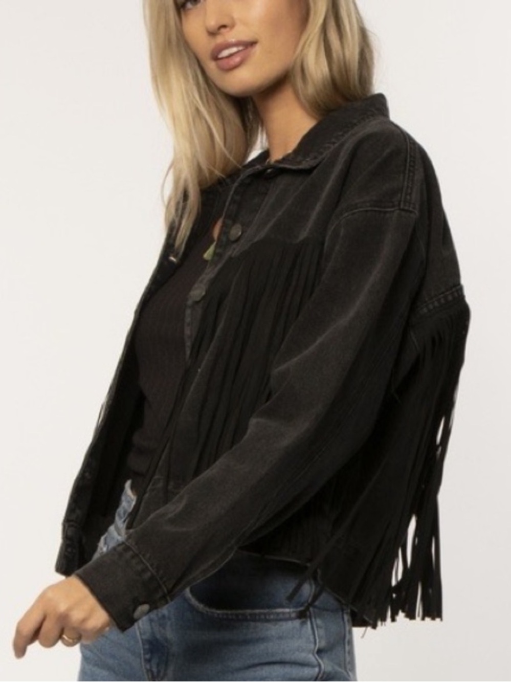 Amuse Society Venus Fringe Washed Black Denim Jacket Western Cowgirl Festival M